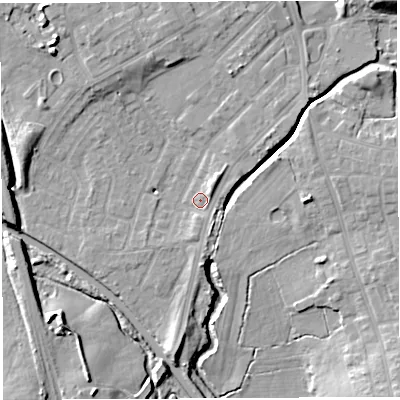 Shaded relief map of the ground around WN25LU, computed from Environment Agency LiDAR. The ground here sits at about 27 m above sea level and falls 12 m across the surrounding 800 m. Surface water reaching this point runs off ground lying to the north-east, 5.1 m higher.