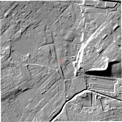 Shaded relief map of the ground around WN25NR, computed from Environment Agency LiDAR. The ground here sits at about 27 m above sea level and falls 17 m across the surrounding 800 m. Surface water reaching this point runs off ground lying to the south-west, 3.8 m higher.