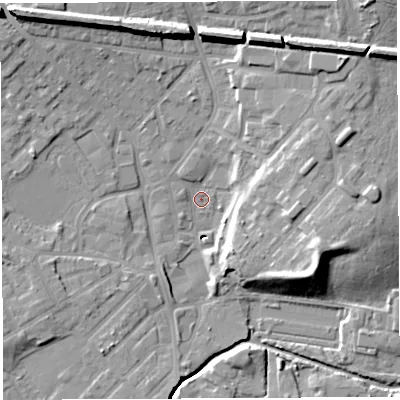 Shaded relief map of the ground around WN25PB, computed from Environment Agency LiDAR. The ground here sits at about 27 m above sea level and falls 17 m across the surrounding 800 m. Surface water reaching this point runs off ground lying to the north-west, 13.7 m higher.