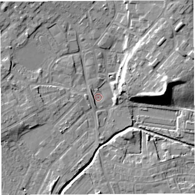 Shaded relief map of the ground around WN25PD, computed from Environment Agency LiDAR. The ground here sits at about 27 m above sea level and falls 17 m across the surrounding 800 m. Surface water reaching this point runs off ground lying to the south-west, 2.7 m higher.