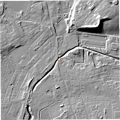 Shaded relief map of the ground around WN25PH, computed from Environment Agency LiDAR. The ground here sits at about 30 m above sea level and falls 18 m across the surrounding 800 m. Surface water reaching this point runs off ground lying to the south, 7.9 m higher.