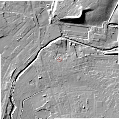 Shaded relief map of the ground around WN25PL, computed from Environment Agency LiDAR. The ground here sits at about 31 m above sea level and falls 18 m across the surrounding 800 m. Surface water reaching this point runs off ground lying to the south-south-east, 0.9 m higher.