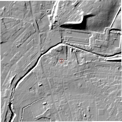 Shaded relief map of the ground around WN25PN, computed from Environment Agency LiDAR. The ground here sits at about 29 m above sea level and falls 18 m across the surrounding 800 m. Surface water reaching this point runs off ground lying to the south-east, 2.7 m higher.