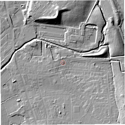 Shaded relief map of the ground around WN25PP, computed from Environment Agency LiDAR. The ground here sits at about 29 m above sea level and falls 17 m across the surrounding 800 m. Surface water reaching this point runs off ground lying to the west-south-west, 3.4 m higher.