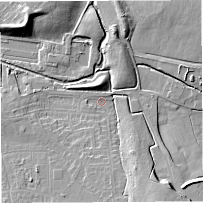 Shaded relief map of the ground around WN25PR, computed from Environment Agency LiDAR. The ground here sits at about 28 m above sea level and falls 15 m across the surrounding 800 m. Surface water reaching this point runs off ground lying to the south-south-east, 14.9 m higher.