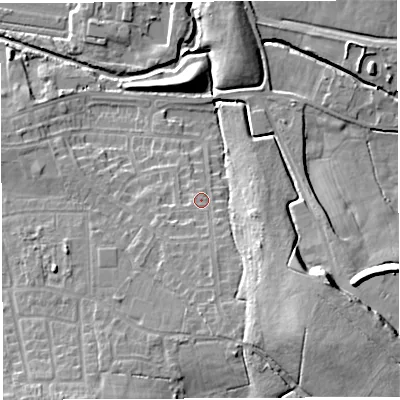 Shaded relief map of the ground around WN25PT, computed from Environment Agency LiDAR. The ground here sits at about 32 m above sea level and falls 17 m across the surrounding 800 m. Surface water reaching this point runs off ground lying to the south-south-east, 3.5 m higher.