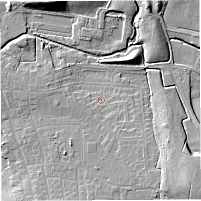 Shaded relief map of the ground around WN25QA, computed from Environment Agency LiDAR. The ground here sits at about 29 m above sea level and falls 17 m across the surrounding 800 m. Surface water reaching this point runs off ground lying to the south-south-east, 6.7 m higher.