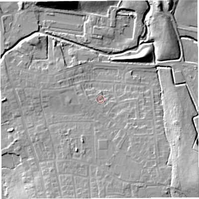 Shaded relief map of the ground around WN25QB, computed from Environment Agency LiDAR. The ground here sits at about 30 m above sea level and falls 18 m across the surrounding 800 m. Surface water reaching this point runs off ground lying to the south-south-west, 1.9 m higher.