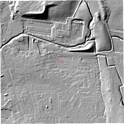 Shaded relief map of the ground around WN25QD, computed from Environment Agency LiDAR. The ground here sits at about 28 m above sea level and falls 19 m across the surrounding 800 m. Surface water reaching this point runs off ground lying to the south-east, 15.5 m higher.