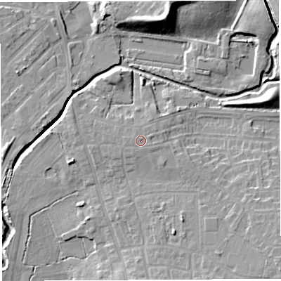 Shaded relief map of the ground around WN25QE, computed from Environment Agency LiDAR. The ground here sits at about 32 m above sea level and falls 18 m across the surrounding 800 m. The ground contributing surface water to this point lies to the east-north-east.
