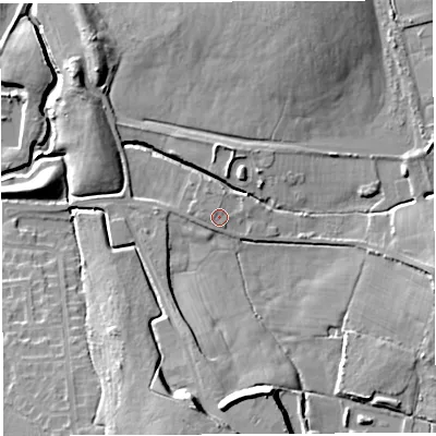 Shaded relief map of the ground around WN25TA, computed from Environment Agency LiDAR. The ground here sits at about 30 m above sea level and falls 15 m across the surrounding 800 m. The ground contributing surface water to this point lies to the north-north-west.