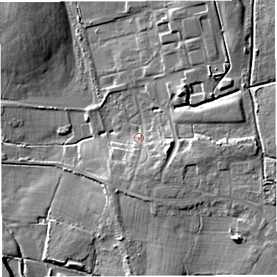 Shaded relief map of the ground around WN25TF, computed from Environment Agency LiDAR. The ground here sits at about 33 m above sea level and falls 12 m across the surrounding 800 m. Surface water reaching this point runs off ground lying to the east-south-east, 5.7 m higher.
