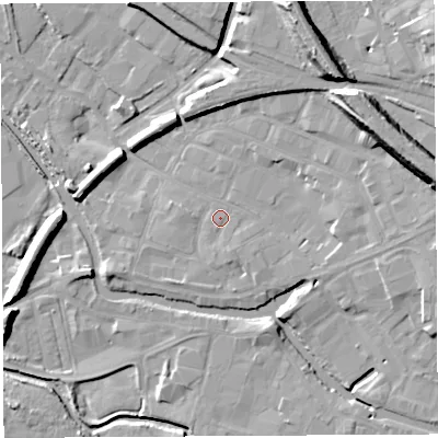 Shaded relief map of the ground around WN34AF, computed from Environment Agency LiDAR. The ground here sits at about 27 m above sea level and falls 21 m across the surrounding 800 m. Surface water reaching this point runs off ground lying to the east-south-east, 1.3 m higher.