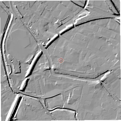 Shaded relief map of the ground around WN34AP, computed from Environment Agency LiDAR. The ground here sits at about 26 m above sea level and falls 21 m across the surrounding 800 m. Surface water reaching this point runs off ground lying to the east, 3.3 m higher.