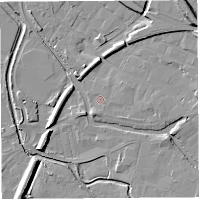 Shaded relief map of the ground around WN34AS, computed from Environment Agency LiDAR. The ground here sits at about 26 m above sea level and falls 21 m across the surrounding 800 m. Surface water reaching this point runs off ground lying to the south-south-west, 2.6 m higher.