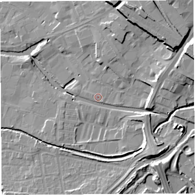 Shaded relief map of the ground around WN34AW, computed from Environment Agency LiDAR. The ground here sits at about 28 m above sea level and falls 17 m across the surrounding 800 m. Surface water reaching this point runs off ground lying to the north, 0.6 m higher.