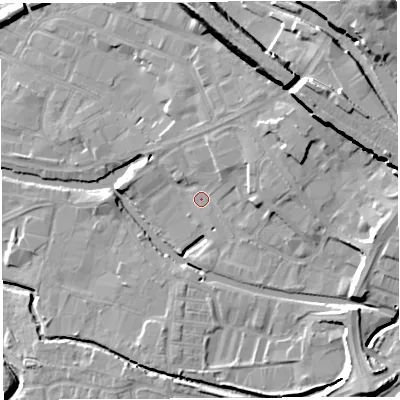 Shaded relief map of the ground around WN34BE, computed from Environment Agency LiDAR. The ground here sits at about 28 m above sea level and falls 23 m across the surrounding 800 m. Surface water reaching this point runs off ground lying to the east-north-east, 4.7 m higher.