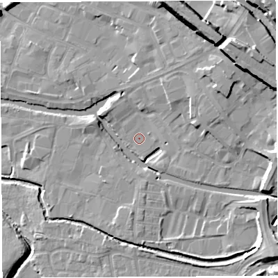 Shaded relief map of the ground around WN34BL, computed from Environment Agency LiDAR. The ground here sits at about 27 m above sea level and falls 20 m across the surrounding 800 m. Surface water reaching this point runs off ground lying to the north-east, 15.9 m higher.