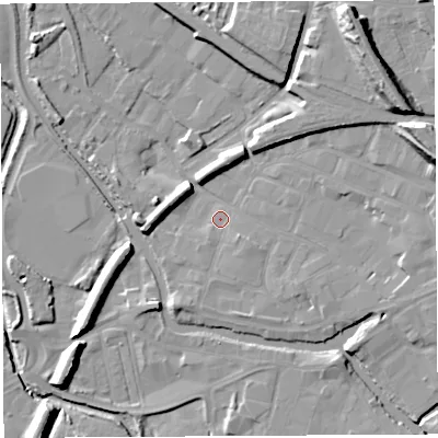 Shaded relief map of the ground around WN34BT, computed from Environment Agency LiDAR. The ground here sits at about 25 m above sea level and falls 22 m across the surrounding 800 m. Surface water reaching this point runs off ground lying to the east-south-east, 5.0 m higher.
