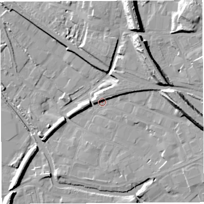 Shaded relief map of the ground around WN34BY, computed from Environment Agency LiDAR. The ground here sits at about 27 m above sea level and falls 20 m across the surrounding 800 m. Surface water reaching this point runs off ground lying to the north-east, 15.1 m higher.