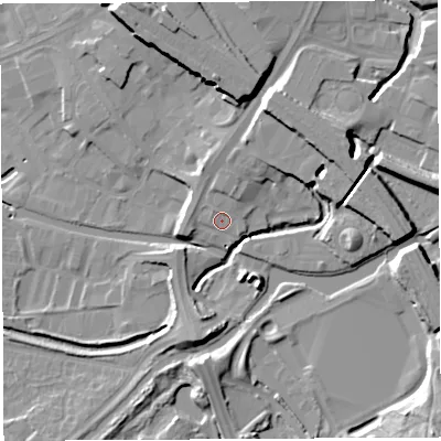 Shaded relief map of the ground around WN34DQ, computed from Environment Agency LiDAR. The ground here sits at about 32 m above sea level and falls 16 m across the surrounding 800 m. Surface water reaching this point runs off ground lying to the north-west, 1.6 m higher.