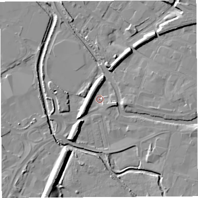 Shaded relief map of the ground around WN34DS, computed from Environment Agency LiDAR. The ground here sits at about 24 m above sea level and falls 13 m across the surrounding 800 m. Surface water reaching this point runs off ground lying to the north-north-east, 6.8 m higher.