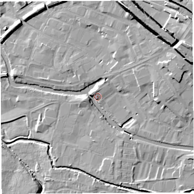 Shaded relief map of the ground around WN34EH, computed from Environment Agency LiDAR. The ground here sits at about 28 m above sea level and falls 20 m across the surrounding 800 m. Surface water reaching this point runs off ground lying to the east-north-east, 16.5 m higher.
