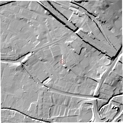 Shaded relief map of the ground around WN34EN, computed from Environment Agency LiDAR. The ground here sits at about 30 m above sea level and falls 21 m across the surrounding 800 m. Surface water reaching this point runs off ground lying to the east-north-east, 3.5 m higher.