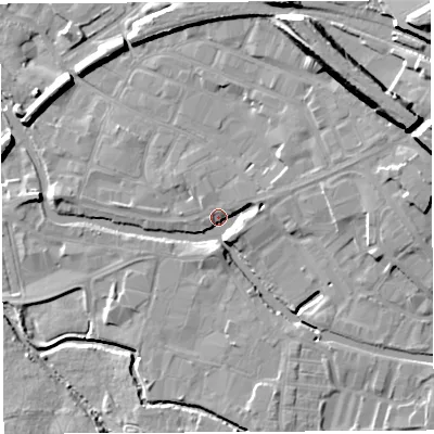 Shaded relief map of the ground around WN34EU, computed from Environment Agency LiDAR. The ground here sits at about 26 m above sea level and falls 23 m across the surrounding 800 m. Surface water reaching this point runs off ground lying to the east-north-east, 16.5 m higher.