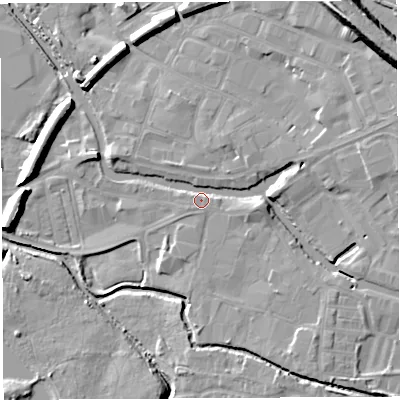 Shaded relief map of the ground around WN34EX, computed from Environment Agency LiDAR. The ground here sits at about 26 m above sea level and falls 20 m across the surrounding 800 m. Surface water reaching this point runs off ground lying to the east-north-east, 6.1 m higher.