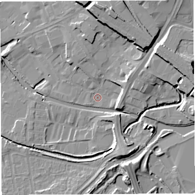 Shaded relief map of the ground around WN34EY, computed from Environment Agency LiDAR. The ground here sits at about 28 m above sea level and falls 17 m across the surrounding 800 m. Surface water reaching this point runs off ground lying to the north, 13.7 m higher.