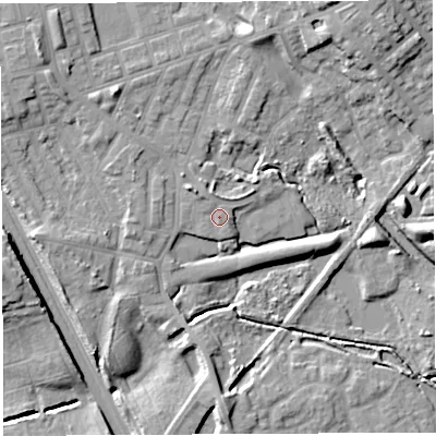 Shaded relief map of the ground around WN34FP, computed from Environment Agency LiDAR. The ground here sits at about 37 m above sea level and falls 22 m across the surrounding 800 m. Surface water reaching this point runs off ground lying to the north-west, 1.2 m higher.