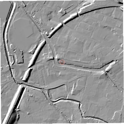 Shaded relief map of the ground around WN34FR, computed from Environment Agency LiDAR. The ground here sits at about 26 m above sea level and falls 20 m across the surrounding 800 m. Surface water reaching this point runs off ground lying to the west-north-west, 3.5 m higher.