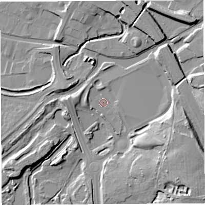 Shaded relief map of the ground around WN34HE, computed from Environment Agency LiDAR. The ground here sits at about 30 m above sea level and falls 20 m across the surrounding 800 m. Surface water reaching this point runs off ground lying to the west-north-west, 3.1 m higher.