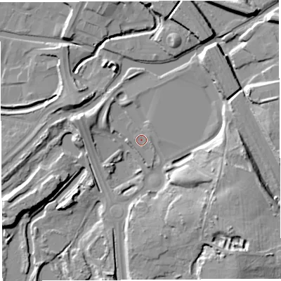 Shaded relief map of the ground around WN34HH, computed from Environment Agency LiDAR. The ground here sits at about 30 m above sea level and falls 20 m across the surrounding 800 m. Surface water reaching this point runs off ground lying to the north-west, 3.1 m higher.