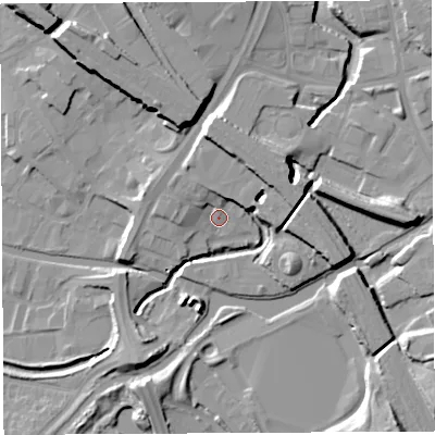 Shaded relief map of the ground around WN34HL, computed from Environment Agency LiDAR. The ground here sits at about 31 m above sea level and falls 16 m across the surrounding 800 m. Surface water reaching this point runs off ground lying to the north-west, 4.8 m higher.