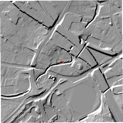 Shaded relief map of the ground around WN34HT, computed from Environment Agency LiDAR. The ground here sits at about 30 m above sea level and falls 16 m across the surrounding 800 m. Surface water reaching this point runs off ground lying to the north, 10.6 m higher.