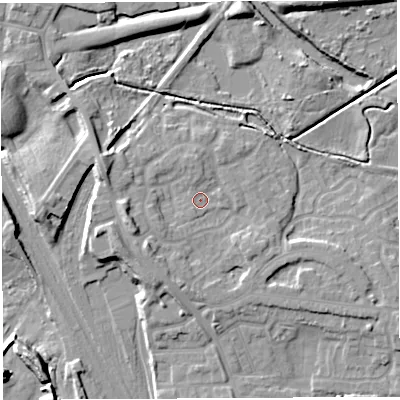 Shaded relief map of the ground around WN34JA, computed from Environment Agency LiDAR. The ground here sits at about 36 m above sea level and falls 16 m across the surrounding 800 m. Surface water reaching this point runs off ground lying to the west-south-west, 5.2 m higher.