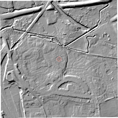 Shaded relief map of the ground around WN34JB, computed from Environment Agency LiDAR. The ground here sits at about 36 m above sea level and falls 13 m across the surrounding 800 m. Surface water reaching this point runs off ground lying to the south, 3.5 m higher.