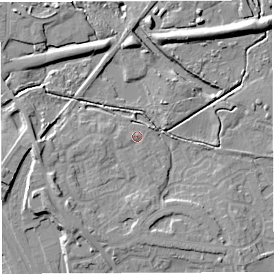 Shaded relief map of the ground around WN34JD, computed from Environment Agency LiDAR. The ground here sits at about 36 m above sea level and falls 14 m across the surrounding 800 m. Surface water reaching this point runs off ground lying to the west-south-west, 7.5 m higher.
