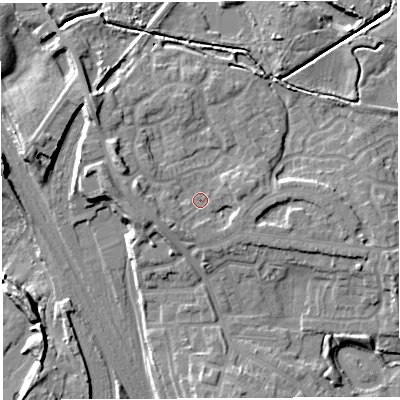Shaded relief map of the ground around WN34JE, computed from Environment Agency LiDAR. The ground here sits at about 37 m above sea level and falls 12 m across the surrounding 800 m. Surface water reaching this point runs off ground lying to the west-north-west, 4.0 m higher.