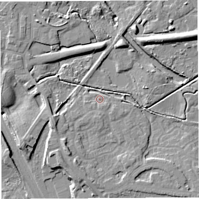 Shaded relief map of the ground around WN34JF, computed from Environment Agency LiDAR. The ground here sits at about 36 m above sea level and falls 16 m across the surrounding 800 m. Surface water reaching this point runs off ground lying to the south-south-west, 3.7 m higher.
