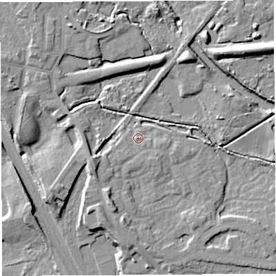 Shaded relief map of the ground around WN34JG, computed from Environment Agency LiDAR. The ground here sits at about 37 m above sea level and falls 17 m across the surrounding 800 m. Surface water reaching this point runs off ground lying to the south-west, 3.0 m higher.