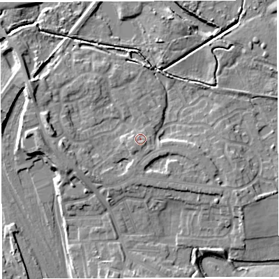 Shaded relief map of the ground around WN34JJ, computed from Environment Agency LiDAR. The ground here sits at about 38 m above sea level and falls 10 m across the surrounding 800 m. Surface water reaching this point runs off ground lying to the south, 1.7 m higher.