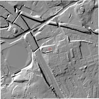 Shaded relief map of the ground around WN34JN, computed from Environment Agency LiDAR. The ground here sits at about 38 m above sea level and falls 16 m across the surrounding 800 m. Surface water reaching this point runs off ground lying to the south-south-west, 2.2 m higher.
