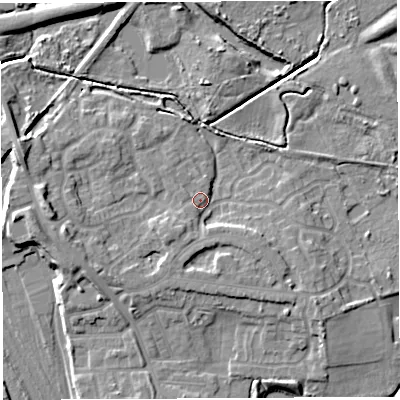 Shaded relief map of the ground around WN34JP, computed from Environment Agency LiDAR. The ground here sits at about 36 m above sea level and falls 10 m across the surrounding 800 m. Surface water reaching this point runs off ground lying to the south-south-west, 3.4 m higher.