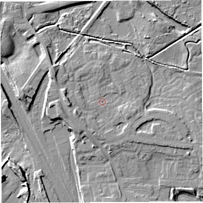 Shaded relief map of the ground around WN34LT, computed from Environment Agency LiDAR. The ground here sits at about 37 m above sea level and falls 13 m across the surrounding 800 m. Surface water reaching this point runs off ground lying to the west, 5.0 m higher.