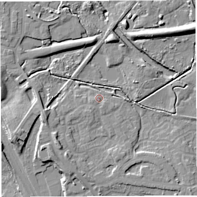 Shaded relief map of the ground around WN34LZ, computed from Environment Agency LiDAR. The ground here sits at about 36 m above sea level and falls 16 m across the surrounding 800 m. Surface water reaching this point runs off ground lying to the south-west, 4.3 m higher.