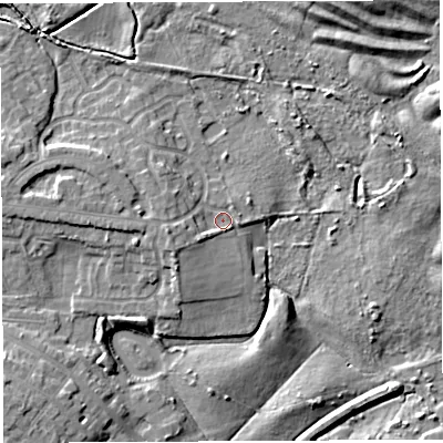 Shaded relief map of the ground around WN34PH, computed from Environment Agency LiDAR. The ground here sits at about 35 m above sea level and falls 9 m across the surrounding 800 m. Surface water reaching this point runs off ground lying to the west-south-west, 3.2 m higher.