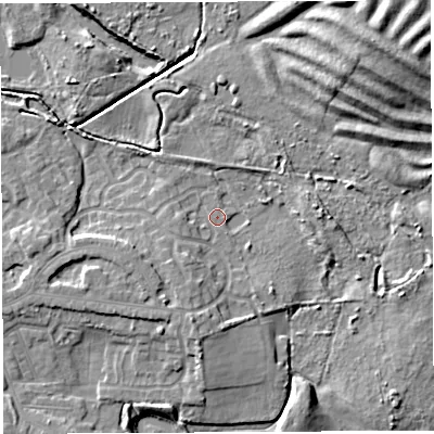 Shaded relief map of the ground around WN34PJ, computed from Environment Agency LiDAR. The ground here sits at about 35 m above sea level and falls 10 m across the surrounding 800 m. Surface water reaching this point runs off ground lying to the south-west, 3.0 m higher.